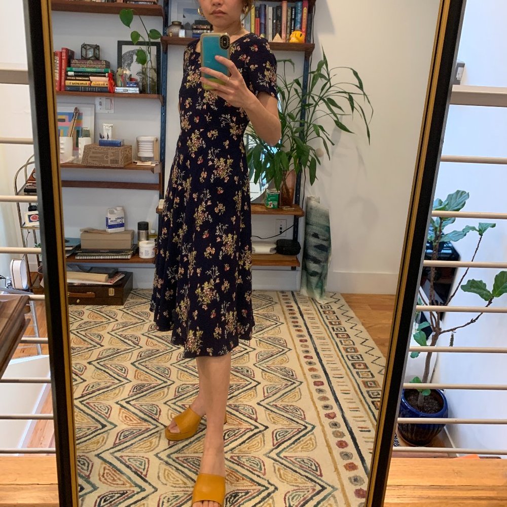 Vintage A-line Navy Floral Dress, XS